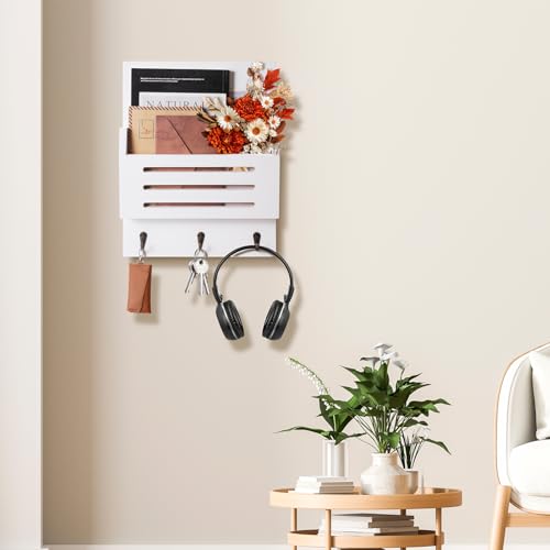Key and Mail Holder Wall Mount, 2-Slot Wooden Mail Organizer with 3 Key Hooks, Decorative Mail Sorter Wall Mounted, Rustic Key Rack Hanger for Entryway, Farmhouse, Home Decor, White - color: White