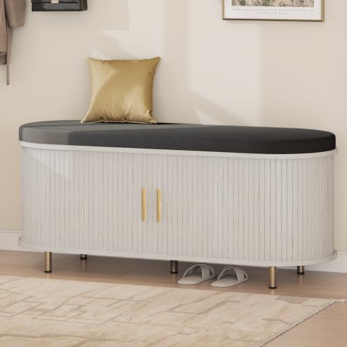 DHH 2-Tier Storage Bench,Wide Shoe Bench with Thickened Padded Seat Cushion, Mid Century Modern Fluted Sliding Door and Adjustable Shelf, for Entryway, Living Room, Bedroom (Grayish White, 43.3“) - color: Grayish White, size: 43.3 inch