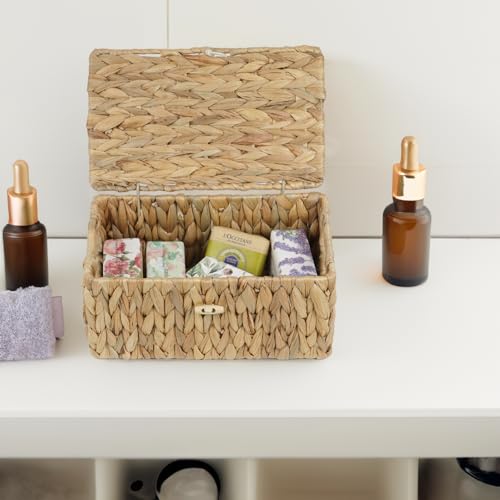 Small Wicker Basket with Lid, Natural Water Hyacinth Storage Baskets for Organizing, Rectangular Woven Basket for Storage, Decorative Boxes Bins with Lids and Built-in Handles (10.2" x 6.3" x 3.9") - size: 10.2" x 6.3" x 4"