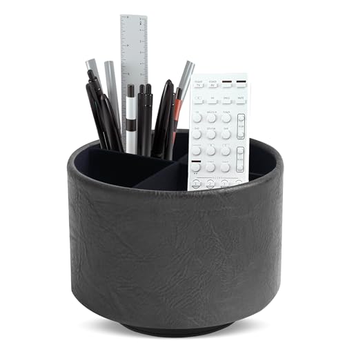 Hennaja Round Leather Art Supply Organizer,Remote Control Holder,360 Degree Spinning,Multi-Functional Pencil Holder,4 Compartments Desktop Stationary Organizer(1-Crazy Black) - color: 1-Crazy Black