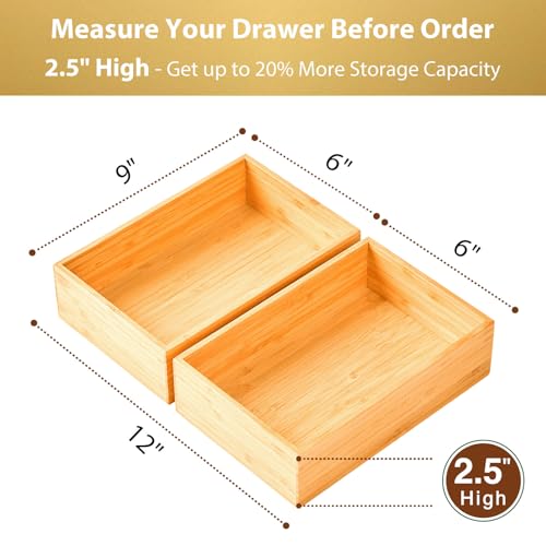 Umilife Bamboo Kitchen Drawer Organizer, Extra High Silverware Tray, Flatware Cutlery Storage Box, Multi-Use Holder in Office, Bathroom, Pantry - 9"x6"x2.5" (Set of 2) - size: 9 x 6 x 2.5" (Standard, Set of 2)