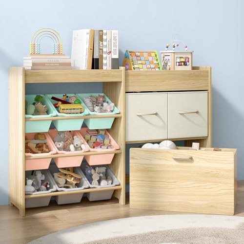 EXPERLAM Toy Storage Organizer for Kids, 9-Bin Toy Organizer with 2-Drawers,Movable Toy Chest and Top Rack, Kids Bookshelf and Toy Storage for Playroom, Bedroom, Nursery, Multi-Color - style: Multi Bins