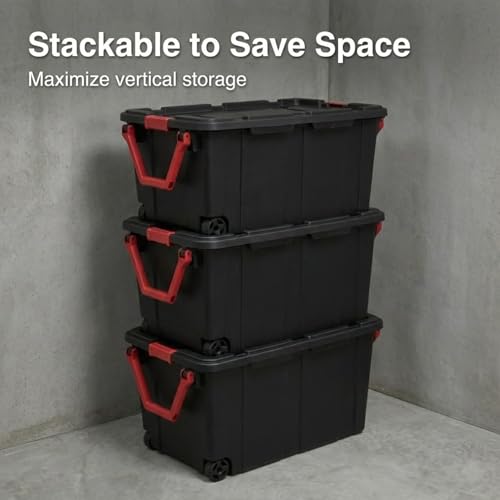 40 Gallon Wheeled Storage Tote with Lid – Heavy Duty Rolling Storage Bin with Ergonomic Handle & Secure Latches – Large Plastic Stackable Container for Garage Basement Workshop (Black) - size: Black