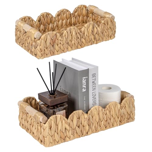 Kriitools Decorative Toilet Paper Storage Basket, Modern Farmhouse Home Decor Scalloped Basket for Organizing, Pantry Baskets for Shelves, Countertop, Living Room, w/Wood Handles, Natural, 2 Sizes - size: Medium