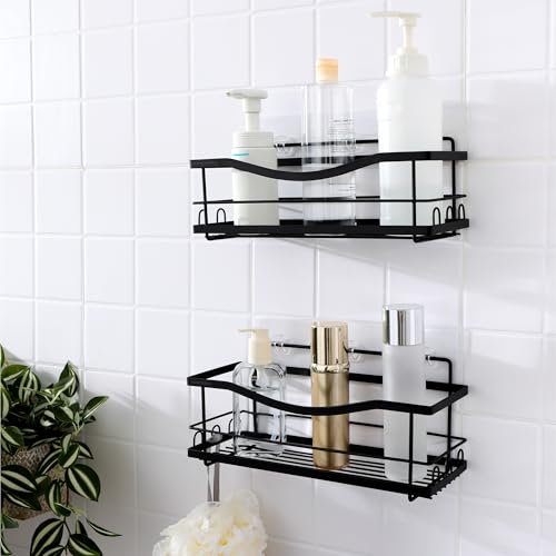 KINCMAX Iron Shower Caddies - Self Adhesive Bathroom Shelves for Showers - Wall Organizer Shampoo Holder Shelf - Peel and Stick On Caddy Bath Tub Rack - Pack of 2 Holders - Black - style: 2-Pc Caddies - Wavy, Black