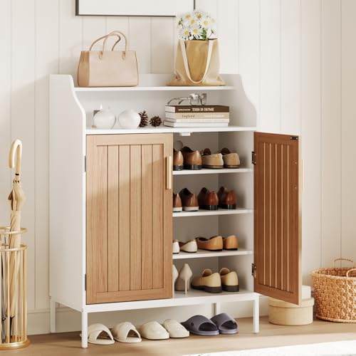 Patikuin Shoe Storage Cabinet for Entryway, 5-Tier White Shoes Cabinet w/Doors and 3 Adjustable Shelves, 41" Tall Wood Shoe Rack for Closet, Modern Shoes Organizer for Entryway, Hallway, Living Room - color: White + Brown