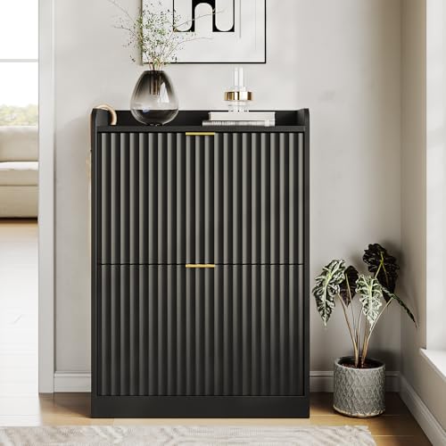 Black Fluted Shoe Cabinet with 2 Flip Drawers, Narrow Shoe Storage Cabinet for Entryway, Freestanding Shoes Rack Organizer Cabinets with Adjustable Shelves for Entryway, Hallway - color: Black, size: 2-Drawers