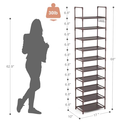 LANTEFUL 10 Tiers Tall Shoe Rack 20-25 Pairs Boots Organizer Storage Sturdy Narrow Shoe Shelf for Entryway, Closets with Hooks, Brown - color: Brown, size: 10 Tier-68" High-17" Wide