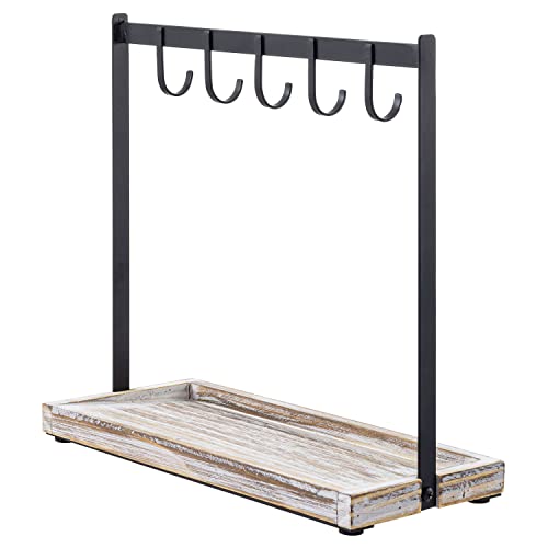 MyGift Black Metal Entryway Key Holder with 5 Hooks and Shabby Whitewashed Wood Base, Tabletop Necklace and Jewelry Organizer Rack with Ring Tray - color: Whitewashed