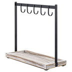 MyGift Black Metal Entryway Key Holder with 5 Hooks and Shabby Whitewashed Wood Base, Tabletop Necklace and Jewelry Organizer Rack with Ring Tray - color: Whitewashed