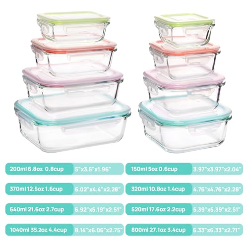 Vtopmart 8 Pack Glass Food Storage Containers with Airtight Lids, Glass Meal Prep Containers, Lunch Containers for Microwave, Oven, Freezer and Dishwasher, BPA Free - color: Multi-colors