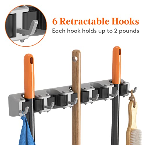 Lifewit Mop and Broom Holder Wall Mount, Anti-Slip Broom Hanger for Cleaning Supplies Organizer, Easy Install Tool Hanging Rack for Closet, Kitchen, Garage, 5 Slot 6 Hooks, Hold 30lbs, Gray, 1 Pack - color: Gray