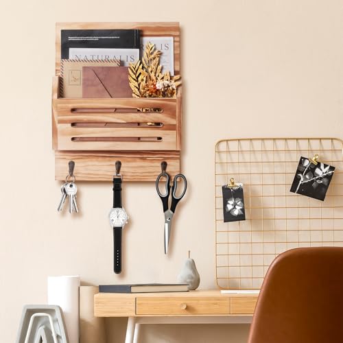 Key and Mail Holder Wall Mount, 2-Slot Wooden Mail Organizer with 3 Key Hooks, Decorative Mail Sorter Wall Mounted, Rustic Key Rack Hanger for Entryway, Farmhouse, Home Decor, Brown - color: Brown