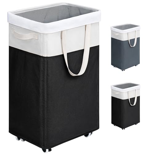 Goodpick Rolling Laundry Hamper with Wheels 75L, Black Laundry Hamper for Dirty Clothes, Collapsible Laundry Basket with Removable Wash, Black Laundry Basket with Wheels - color: Black & White