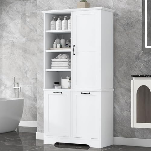 Virubi Tall Laundry Hamper Cabinet with 2 Tilt Out Hamper, Wood Tall Bathroom Laundry Room Storage Cabinet with Adjustable Shelves, Freestanding (White) - color: White, size: 31"x14"x68"