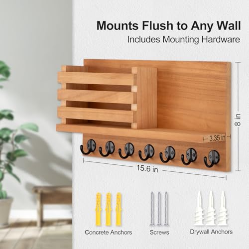 Lwenki Key Holder for Wall – Decorative Wooden Mail Holder and Key Shelf with Mounting Hardware, Installation Guide – Paulownia Wood with Metal Key Hooks (Light Brown, Extra Large - 15.6inch) - color: Light Brown, size: Extra Large - 15.6inch