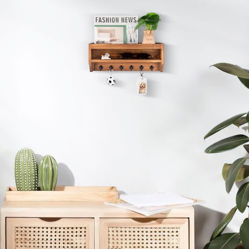 Nekon Key Holder Wall Mount, 12.8" W x 5.6" H x 3.7" D Wall Mounted Key and Mail Organizer with 6 Key Hooks, Key Racks for Home Entryway Decor (Brown) - color: Brown