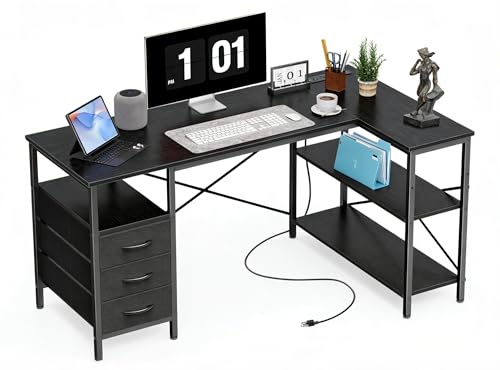 Alpen Computer Desk with Drawers, L Shaped Desk for Bedroom with Power Outlets, Gaming Table with Storage Shelves, Corner Desk for Gaming, Study Writing PC Table, 55 Inch, Black - color: Black, size: 55 Inches