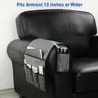 Sofa Armrest Organizer Couch Remote Holder, Sofa Caddy Bedside Organizer Recliner Armchair Accessory for iPad Tablet Phone Magazines in Home Bedroom Office Hotel, 5 Pockets with Font Side Drink Holder