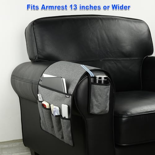 Sofa Armrest Organizer Couch Remote Holder, Sofa Caddy Bedside Organizer Recliner Armchair Accessory for iPad Tablet Phone Magazines in Home Bedroom Office Hotel, 5 Pockets with Font Side Drink Holder