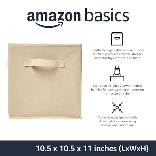Amazon Basics Collapsible Fabric Storage Cubes Organizer with Handles, Sturdy Storage Bins for Organization, 10.5" x 10.5" x 11", Beige, 6-Pack - color: Beige, size: 10.5"x10.5"x11"