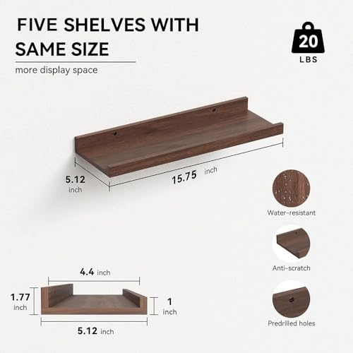 RICHER HOUSE 5 Set Floating Shelves for Wall Decor, Wall Mounted Book Shelf, Nursery Shelves Picture Ledge Shelf with Lip for Storage, Bedroom, Living Room, Bathroom - Walnut - color: Walnut, size: 5pcs*15.75in