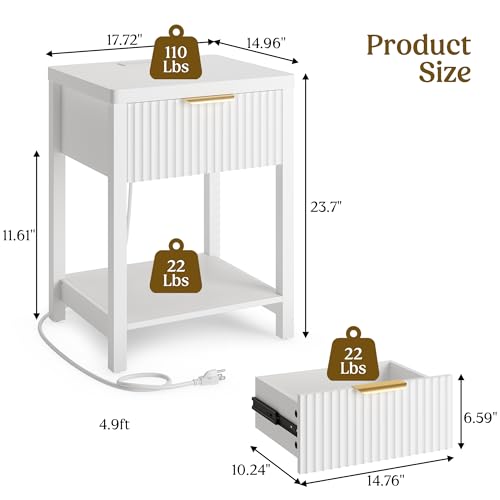 Lulive Modern White Night Stand, Fluted Nightstand with Charging Station, Wood Modern Bedside End Table with Storage Drawer for Bedroom, Save Space (Set of 1, White) - color: White, size: 1 Drawer-Set of 1 Nightstand