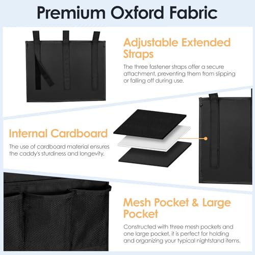 Bedside Caddy Storage Organizer, Hanging Storage Bag Pocket for Bunk/Hospital Beds,College Dorm Organizer for Remotes Phone,College Dorm,Camp,Bed Rails(4 Pockets),Black