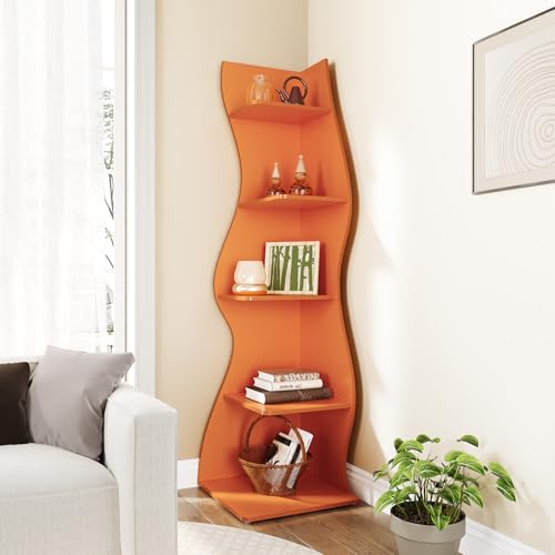 LITTLE TREE Small Corner Shelf, Modern 5-Tier Wall Corner Bookshelf, Stylish Bookcase Storage Rack for Small Space, Living Room, Bedroom, Orange, 2 Pack - color: Orange, size: 2 Pack