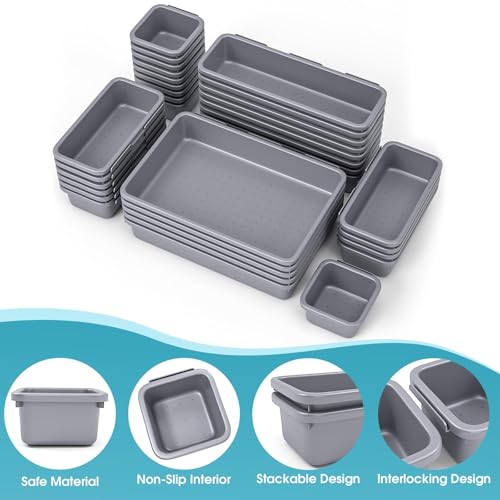 33 PCS Drawer Organizer Set, 4 Size Makeup Drawer Divider Organizer With Non-Slip Pads, Interlocking Plastic Storage Bins for Office,Jewelry Vanity,Gadgets, Bathroom,Kitchen, Grey - color: Grey, size: 33Pack