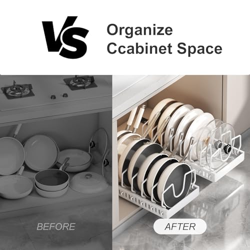Pots and Pans Organizer Under Cabinet 2 Pack, Pull-Out Cabinet Organizer for Pot Lids, Bakeware, Dishes, 8 Adjustable Dividers (White - color: White