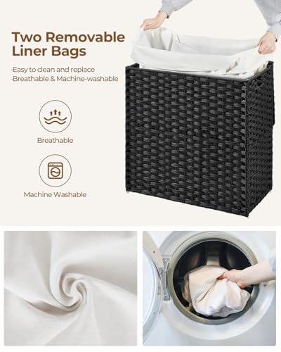 Greenstell Laundry Hamper with Lid, 125L Laundry Basket with 2 Removable Liner Bags & 2 Mesh Bags, Handwoven Synthetic Rattan Clothes Hamper for Clothes, Toys in Bathroom, Bedroom, Foldable, Black - color: Black, size: 125L (25.6 x 13.0 x 23.6 inches)