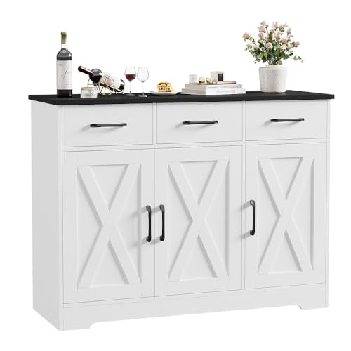 HOSTACK Modern Farmhouse Buffet Sideboard Cabinet, Barn Doors Storage Cabinet with Drawers and Shelves, Wood Coffee Bar with Storage for Dining Room, Kitchen, Living Room, White/Black - color: White/Black