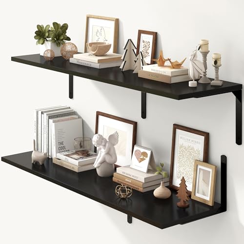 Fun Memories Floating Shelves for Wall, 12 Inch Deep Floating Shelves Set of 2, Wall Mounted Shelf with Metal Brackets, Rustic Wood Wide Shelf for Bathroom, Kitchen and Living Room, Black, 48W x 12D - color: Black- L Bracket, size: 48"W x 12"D