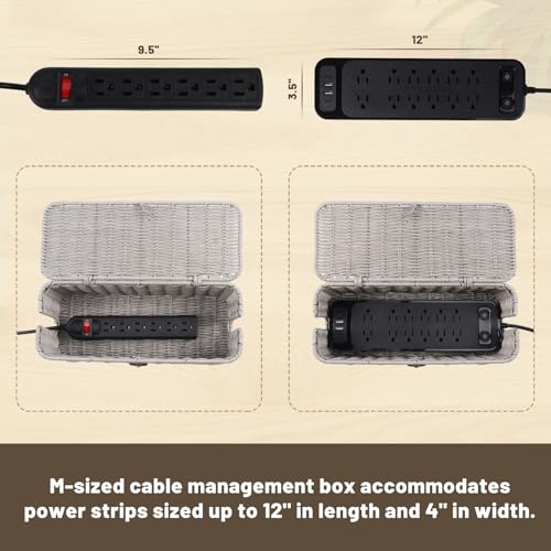 BROWNLILY Cable Management Box, Rattan Style Cord Organizer for Desk Cord Hider Outlet Covers Baby Proofing for Power Strip TV PC Router Charger Under Desk Storage with Lockable Lid and Cable Ties - color: Gray, size: M
