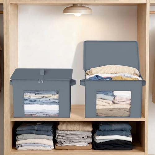 Zilink Fabric Foldable Storage Boxes with Lid 4-Pack Stackable Storage Bins with Zipper & Clear Window Fabric Closet Containers and Organizers for Home, Office, Bedroom (Grey,17" x 12" x 12") - color: Grey