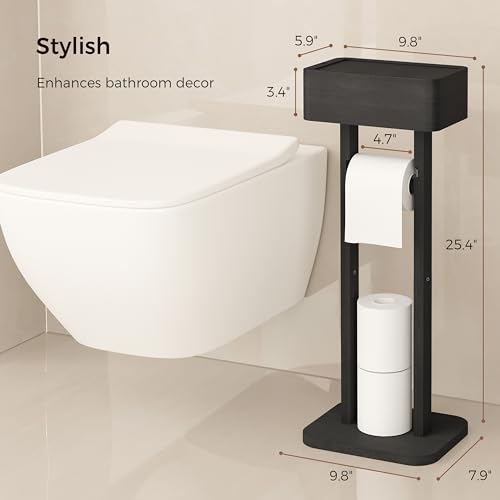 Wealone 4-in-1 Black Toilet Paper Holder Stand with Storage Shelf Box, 360° Rotating Bamboo Free Standing Toilet Tissue Roll, Toilet Wipes Dispenser Organizer, Temporary Desktop for Bathroom (Patent) - color: Black