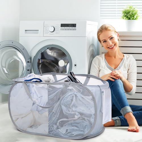 Sturdy Collapsible Laundry Baskets, Foldable Pop Up Laundry Hamper, Durable 2 Compartments Laundry Basket, Handy Pocket & Easy to Sort Clothes Hampers for Laundry, Dorm, Kids Room, Travel Grey - color: Gray, size: 2 Compartments
