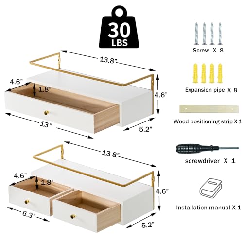 Dreampossible Floating Shelves With Drawers Set of 2, Wall Mounted Bathroom Storage, Rustic Wood Shelves for Bedroom, Living Room, Kitchen, Home Decor, Plants, Books (White) - color: White, size: 13.8 Inch Long