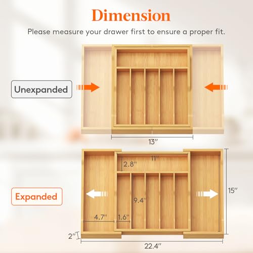 Lifewit Silverware Drawer Organizer, Expandable Utensil Tray for Kitchen, Flatware and Cutlery Holder, Wood Adjustable Storage for Spoons Forks Knives, 13-22x15/ 33-56x38cm, Natural - color: Natural, size: 13~22.4''W x 15''D