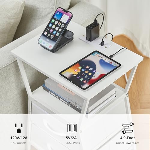 Nightstand with Charging Station, Side Tables for Bedroom with Built-in USB Side Table with 2 USB Ports and Outlets Nightstand with Cloth Drawer End Tables Living Room Sofa Couch - color: White With Socket