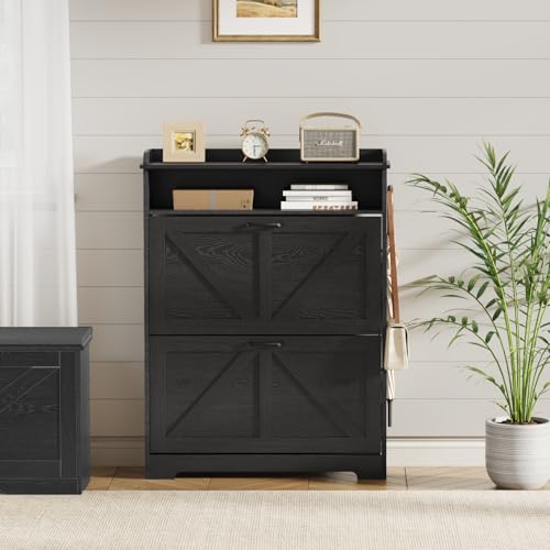 Shoe Cabinet Organizer with 2 Flip Drawers, Farmhouse Narrow Shoe Cabinet with 2 Adjustable Shelves & 2 Hooks, Shoe cabinet storage for entryway, Foyer, Hallway, Black, 31.5"W x 8.7"D x 41.7"H - color: Black, size: 2 Drawers with Shelf