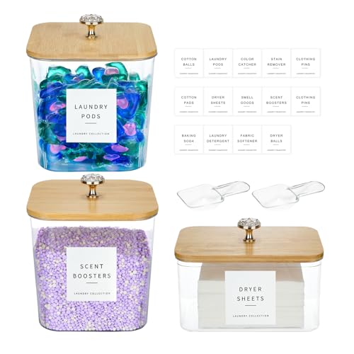 POLRAI 3 Pack Laundry Pod Containers and Dryer Sheet Holder, Laundry Room Organization Storage Containers with Lids and Labels for Detergent Pods Dry Sheet Organizing - color: Natural, size: 2+1 Pack