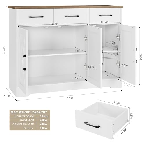HOSTACK Modern Farmhouse Sideboard Buffet Cabinet, Barn Doors Buffet Storage Cabinet with Drawers and Shelves, Wood Coffee Bar with Storage for Kitchen, Dining Room, Living Room, White - color: White