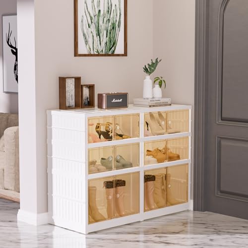 3-Tier Portable Shoe Rack Organizer for Closet, 12 Pairs Shoe Container Bins, Clear Plastic Collapsible Shoes Storage Box, Stackable Sneaker Storage Shoe Cabinet with Door - size: 3 Tiers - 12 Pairs