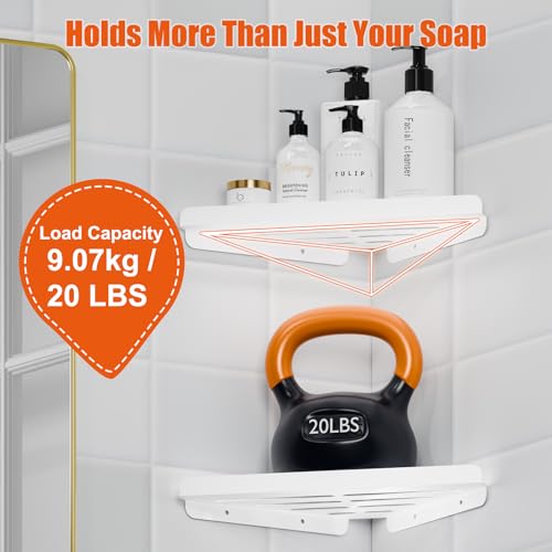 Fikoksol Shower Caddy, 2 Pack Bathroom Corner Shelf, Triangle Shelf Storage for Bathroom Shower, White Metal Shower Shelf & Rustproof Wall Mounted Adheisve Glue Organizer Accessories and Essentials - color: White, 2pc