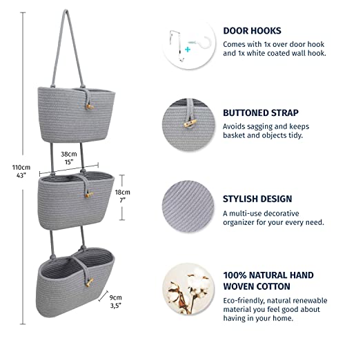 OrganiHaus Grey Wall Hanging Storage Basket | Behind Door Storage | Wall Storage Baskets Over Door | 3 Tier Hanging Basket | Woven Baskets Bathroom Organizer | Wall Hanging Baskets for Organizing - color: Full Light Gray