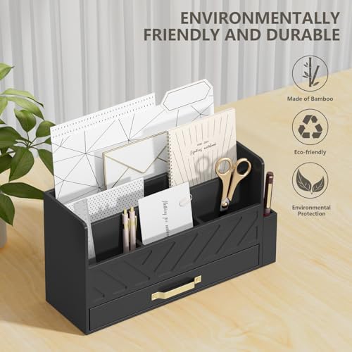 WISUCART Bamboo Desk Organizer Mail Holder Countertop Wood Desk Drawer Tabletop Storage Box Pen Holder Letter Sorter Makeup Organizer for School Home Office Supplies with Pen Holder Black - color: Black with Pen Holder