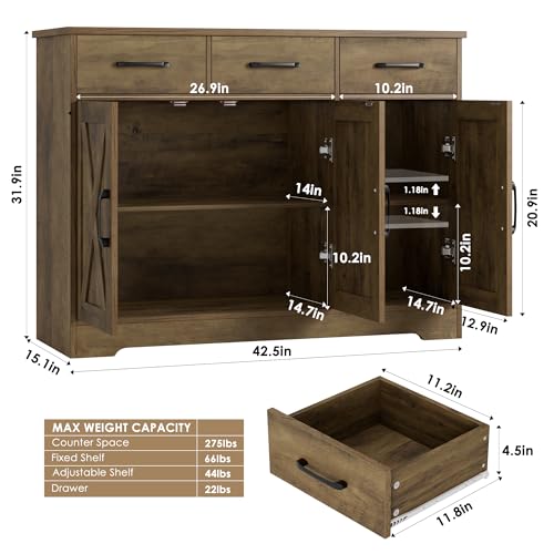 HOSTACK Modern Farmhouse Buffet Sideboard Cabinet, Barn Doors Storage Cabinet with Drawers and Shelves, Wood Coffee Bar Station for Dining Room, Kitchen, Living Room, Rustic Brown - color: Rustic Brown