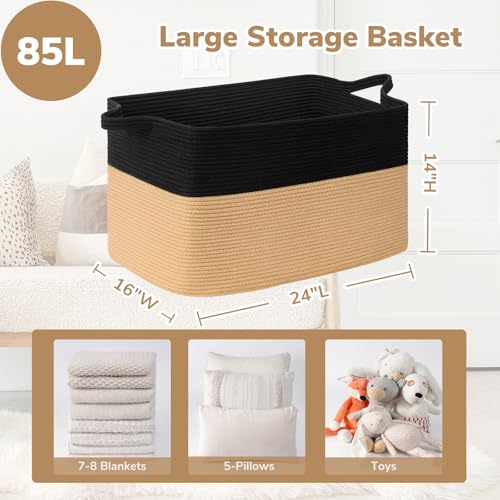 Goodpick Large Woven Blanket Basket 23.6" x 15.7" x 13.8" Cotton Rope Storage Organizer for Dirty Clothes Pillows, Wicker Storage Basket for Living Room Bedroom, Black & Jute - color: Black Camel, size: X-Large(23.6"L x 15.7"W x 13.8"H)